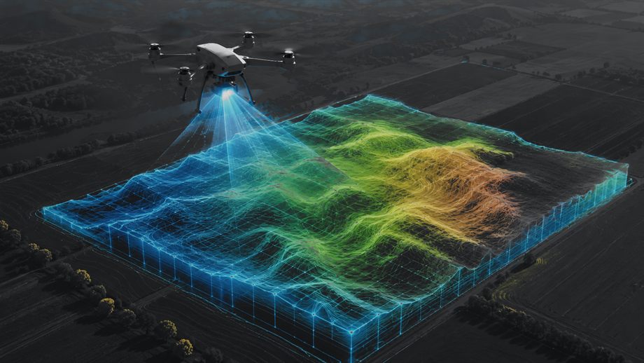 Survey drone mapping a field with a colored terrain heatmap over a greyed landscape